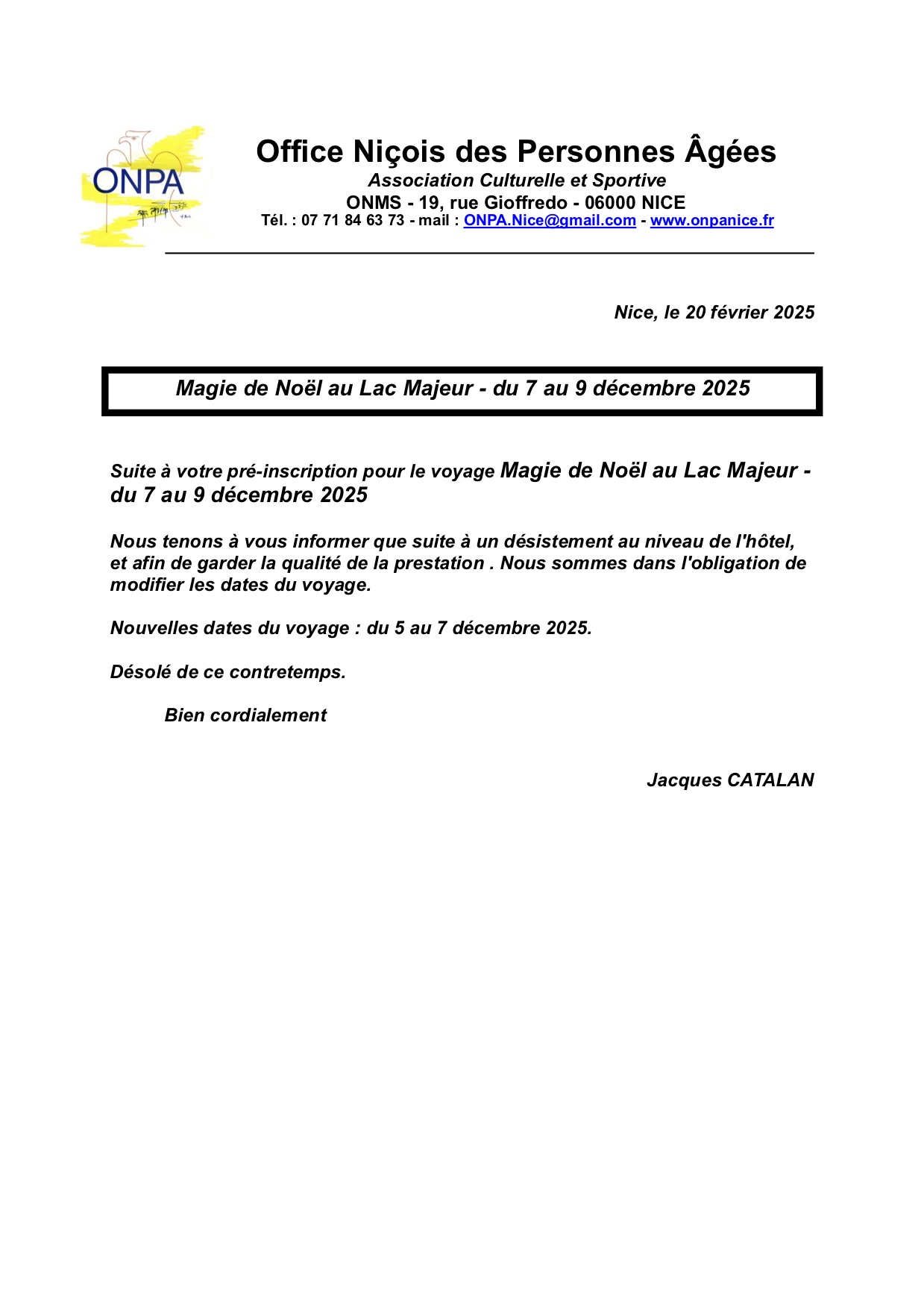 Modification de la date du voyage au lac Majeur